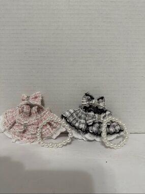 LaBuBu Mini Tweed Rhinestone Bow Dress Duo with Pearl Bracelets and Head Bows
